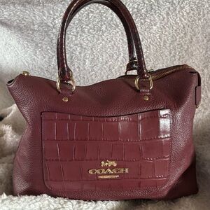 Coach Burgundy Croc-Embossed Leather Satchel with Gold Hardware